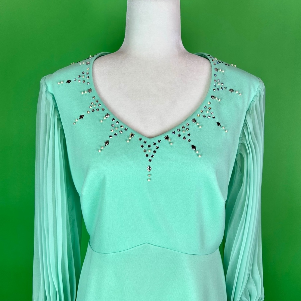 Vintage 70s Seafoam Green Dress with Rhinestones Balloon Sleeves Size Large